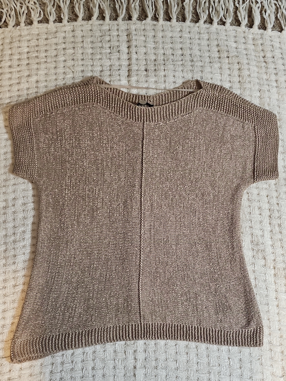 Elegant But Bossy           Cable & Gauge Knit Short Sleeve Top — Beige